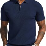 COOFANDY Mens Textured Knit Polo Shirts Zipper Polo Shirts Short Sleeve Casual Lightweight Golf Shirt