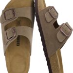CUSHIONAIRE Logo 100% Genuine Leather Suede Slides for Women, Cushioned Cork Footbed Womens Sandals with Adjustable Buckles and Memory Foam