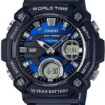 Casio AEQ120W Series | Men’s Analog-Digital Watch |100M Water Resistance | Multi Alarms | 100 SEC Stopwatch | Countdown Timer | World Map for World Time | LED Light | LC Display | 10 Yr Batt