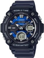 Casio AEQ120W Series | Men’s Analog-Digital Watch |100M Water Resistance | Multi Alarms | 100 SEC Stopwatch | Countdown Timer | World Map for World Time | LED Light | LC Display | 10 Yr Batt