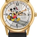 Citizen Men's Eco-Drive Disney Mickey Mouse Watch, Black Leather Strap, Silver-Tone Dial (Model: FE7063-07W)