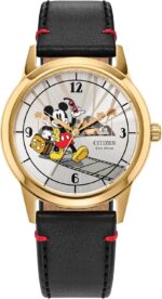 Citizen Men's Eco-Drive Disney Mickey Mouse Watch, Black Leather Strap, Silver-Tone Dial (Model: FE7063-07W)