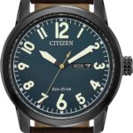 Citizen Men's Eco-Drive Weekender Garrison Field Watch in Black Ion Plating Stainless Steel with Brown Leather Strap, Navy Dial (Model: BM8478-01L)