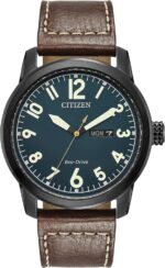 Citizen Men's Eco-Drive Weekender Garrison Field Watch in Black Ion Plating Stainless Steel with Brown Leather Strap, Navy Dial (Model: BM8478-01L)
