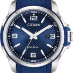 Citizen Men's Eco-Drive Weekender Watch in Stainless Steel with Blue Polyurethane Strap, Blue Dial (Model: AW1158-05L)