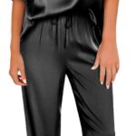 Ekouaer Satin Pajama Set Womens Silk Short Sleeve V Neck Shirt with Long Pant Soft Loungewear Pjs Set