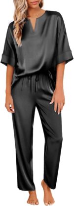 Ekouaer Satin Pajama Set Womens Silk Short Sleeve V Neck Shirt with Long Pant Soft Loungewear Pjs Set
