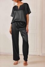 Ekouaer Satin Pajama Set Womens Silk Short Sleeve V Neck Shirt with Long Pant Soft Loungewear Pjs Set - Image 2
