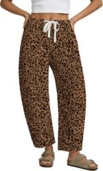 GRAPENT Barrel Jeans for Women Trendy High Waisted Pull On Wide Leg Cropped Leopard Cheetah Print Stretchy Denim Pants