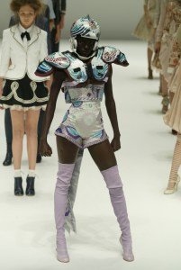 Football inspiration at Alexander McQueen spring 2005 runway show in Paris, France. (Photo by Giovanni Giannoni/Fairchild Archive/Penske Media via Getty Images)