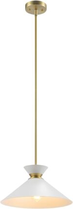 Globe Electric 1-Light Pendant Light, Matte Brass Finish, White Tapered Metal Shade with Ring Detail, Adjustable Rods, Dimmable, E26 Base, 67000197