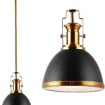 JONATHAN Y 10" Black/Brass Gold Modern Industrial Iron LED Dome Pendant Light, Adjustable Hanging Fixture for Kitchen Island or Entryway, Black Metal Shade, LED Bulb Included JYL9535A