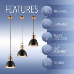 JONATHAN Y 10" Black/Brass Gold Modern Industrial Iron LED Dome Pendant Light, Adjustable Hanging Fixture for Kitchen Island or Entryway, Black Metal Shade, LED Bulb Included JYL9535A - Image 2