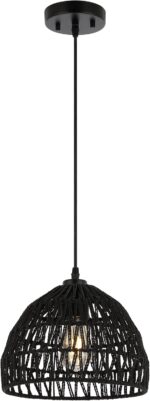 JONATHAN Y 10.25" Black Modern Bohemian Woven Rope LED Pendant Light Fixture, Adjustable Dome Ceiling Lamp for Kitchen Island, Rope Shade, Coastal Farmhouse Decor (JYL6513B)