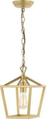 JONATHAN Y 8" Gold Painting Lantern Pendant Light, 1-Light Pagoda Style Metal Cage Farmhouse Hanging Ceiling Fixture for Kitchen Island, LED Bulb Included (JYL7618B)