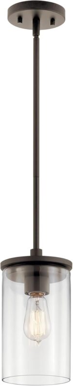 Kichler Crosby Mini Pendant Light Fixture, 1-Light Contemporary Kitchen Pendant with Clear Glass in Olde Bronze for Kitchen Island or Sink, (10.75" x 6"), 43996OZ