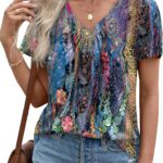 LOMON Womens Summer Tops Short Sleeve V Neck Pleated T-Shirts Loose Fit Dressy Casual Blouses S-XXL