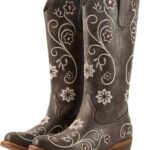 Lante Cowboy Boots for Women - Mid Calf Western Cowgirl Boots with Floral Embroidery, Pull-On Tabs, Snip Toe, Chunky Block Heel