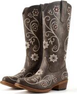 Lante Cowboy Boots for Women - Mid Calf Western Cowgirl Boots with Floral Embroidery, Pull-On Tabs, Snip Toe, Chunky Block Heel