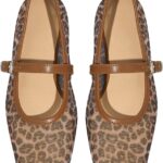 Milumia Leopard Mesh Ballet Flats for Women， Comfortable Dressy Square Closed Toe Maryjane Flat Ballerina Casual Work Shoes