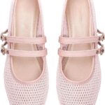 Milumia Women's Fishnet Mesh Ballet Flats Comfortable Dressy Closed Toe Ballerina Shoes with Buckle Strap