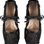Milumia Women's Lace Mesh Ballet Flats Bowknot Square Closed Toe Slip on Dress Shoes