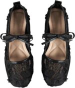 Milumia Women's Lace Mesh Ballet Flats Bowknot Square Closed Toe Slip on Dress Shoes