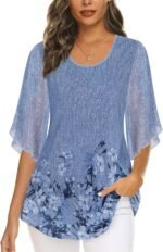 Ninedaily Women's Tops 3/4 Sleeve Blouses Dressy Casual Double Layers Mesh Tunic Shirts - Image 2