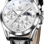 OLEVS Men's Leather Analog Quartz Watch - Luxury Chronograph Wristwatch with Date, Waterproof, Luminous - Dress Style