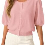 PRETTYGARDEN Women Short Sleeve Lightweight Knit Cardigans | Soft Button Up Shirts, Comfy Sweater Tops, Scalloped Crew Neck, Spring Summer Clothes for Casual Outings, Date Nights & Work