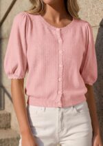 PRETTYGARDEN Women Short Sleeve Lightweight Knit Cardigans | Soft Button Up Shirts, Comfy Sweater Tops, Scalloped Crew Neck, Spring Summer Clothes for Casual Outings, Date Nights & Work - Image 2