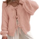 PRETTYGARDEN Women's Tie Front Bow Cardigan Sweaters Chunky Knit Long Puff Sleeve Trendy Fall Winter Jacket Coats