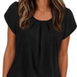 PRETTYGARDEN Womens Tops Dressy Casual Summer 2026 Short Sleeve Blouses Crew Neck Pleated Basic T Shirts Spring Clothes