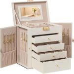 SONGMICS 5-Layer Jewelry Box Organizer with 4 Drawers, Jewelry Storage Case with Lock and Mirror, Large Storage Capacity, Gift for Loved Ones, for Necklaces, Watches, Cream White UJBC153WD01S