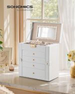 SONGMICS 5-Layer Jewelry Box Organizer with 4 Drawers, Jewelry Storage Case with Lock and Mirror, Large Storage Capacity, Gift for Loved Ones, for Necklaces, Watches, Cream White UJBC153WD01S - Image 2