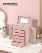 SONGMICS 6-Layer Jewelry Box Organizer with 5 Drawers, Jewelry Storage Case with Lock and Mirror, Large Storage Capacity, Gift for Loved Ones, for Necklaces, Watches, Jelly Pink UJBC152SA02S - Image 2