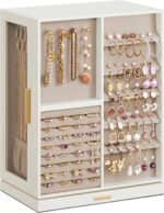 SONGMICS GISELLA Collection - Jewelry Box 360° Rotating, Jewelry Storage Case with 7 Drawers, Jewelry Organizer, Glass Window, Open Design, Great Gift, Light Warm White and Light Camel UJBC201W01
