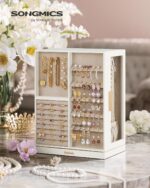 SONGMICS GISELLA Collection - Jewelry Box 360° Rotating, Jewelry Storage Case with 7 Drawers, Jewelry Organizer, Glass Window, Open Design, Great Gift, Light Warm White and Light Camel UJBC201W01 - Image 2