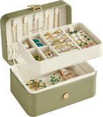 SONGMICS GISELLA Collection - Travel Jewelry Organizer, 2-Layer Jewelry Case Holder with Shiny Metal Hardware, Portable, Premium Velvet, for Earrings Necklaces, Sage Green UJBC166C02