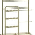 SONGMICS Necklace Holder, Jewelry Stand Holder Organizer, Jewelry Display with Metal Frame, Velvet Tray, Earring Bracelet Holder, for Gift Idea, 4.5 x 7.7 x 12.1 inch, Laurel Green UJJS021C02