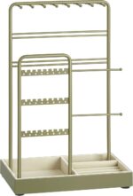 SONGMICS Necklace Holder, Jewelry Stand Holder Organizer, Jewelry Display with Metal Frame, Velvet Tray, Earring Bracelet Holder, for Gift Idea, 4.5 x 7.7 x 12.1 inch, Laurel Green UJJS021C02