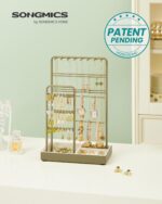 SONGMICS Necklace Holder, Jewelry Stand Holder Organizer, Jewelry Display with Metal Frame, Velvet Tray, Earring Bracelet Holder, for Gift Idea, 4.5 x 7.7 x 12.1 inch, Laurel Green UJJS021C02 - Image 2