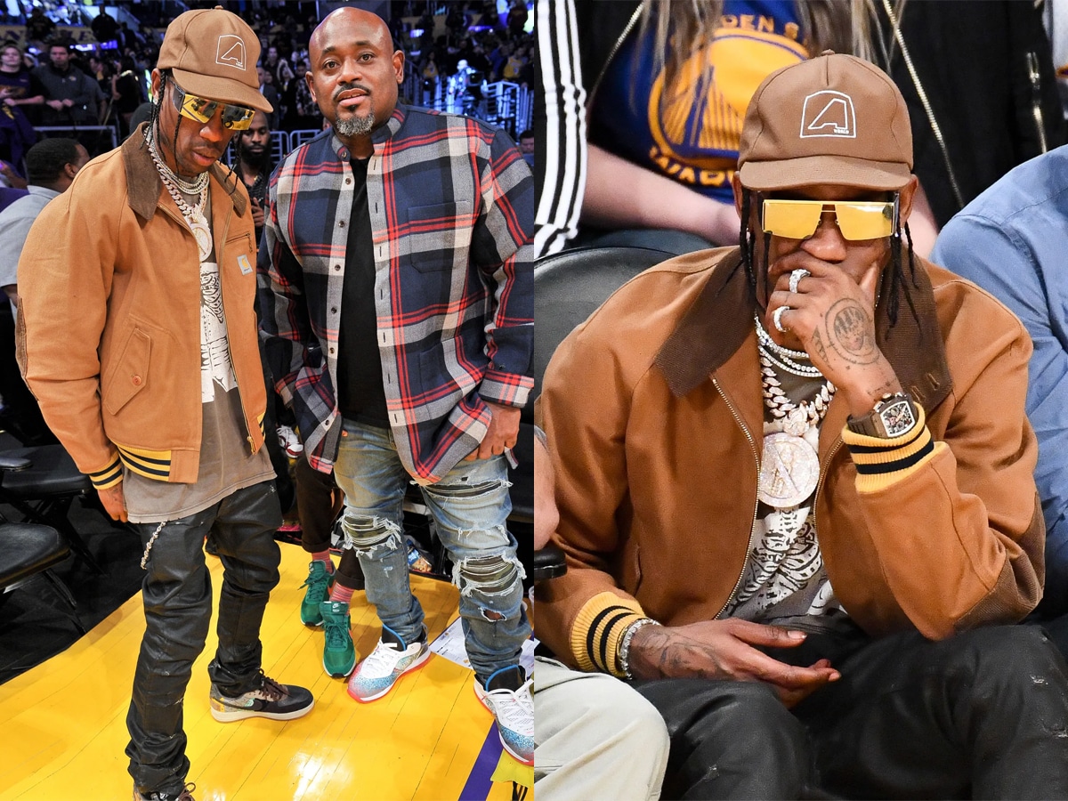travis scott in a big jacket and rare sneakers