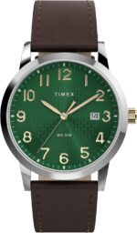 Timex Men's Main Street 38mm Watch - Brown Strap Green Dial Silver-Tone Case