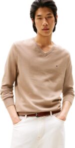 Tommy Hilfiger Men's Cotton Solid V Neck Sweater Lightweight Pullover
