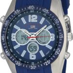 U.S. Polo Assn. Men's Sport Watch with Analog-Digital Display, Blue Silicone Strap, Backlight Timer Alarm Day Date, 44mm Case, Fits Wrists 6.5" to 8.5"
