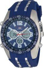 U.S. Polo Assn. Men's Sport Watch with Analog-Digital Display, Blue Silicone Strap, Backlight Timer Alarm Day Date, 44mm Case, Fits Wrists 6.5" to 8.5"