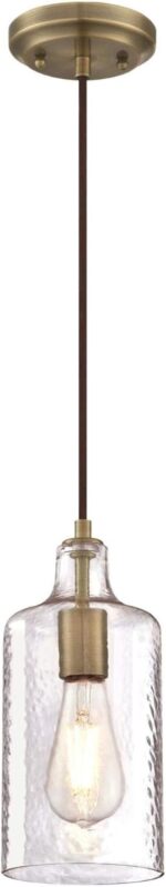 Westinghouse 6371400, Antique Brass Finish with Clear Textured Glass Carmen One-Light Indoor Mini Pendant, 120 Volts