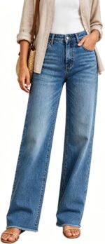 Womens High Waisted Jeans Stretchy Straight Leg Loose Fit Tummy Control Raw Hem Denim Pants Trendy Fashion
