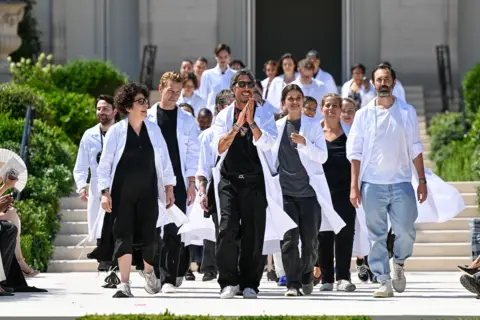 Giovanni Giannoni/WWD via Getty Images Pierpaolo Piccioli takes applause on the runway at the Balenciaga fashion show as part of Paris Haute Couture Fall/Winter 2026 fashion week held at Cité Universitaire de Paris on July 08, 2026 in Paris, France.